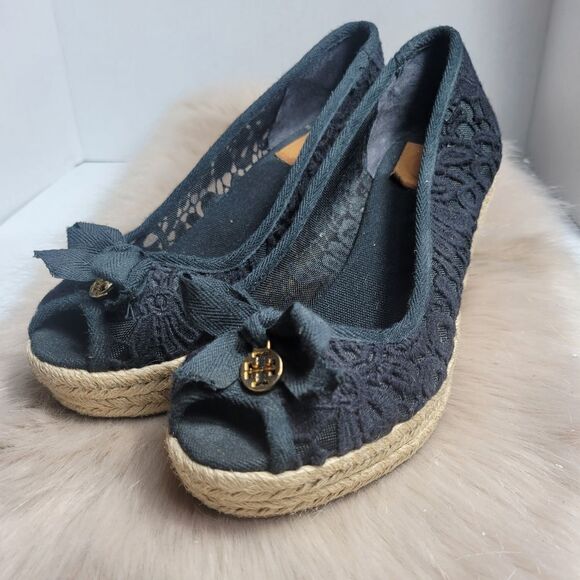 Tory Burch Jackie Wedge Womens Black Lace Espadrille Shoes - Picture 1 of 8